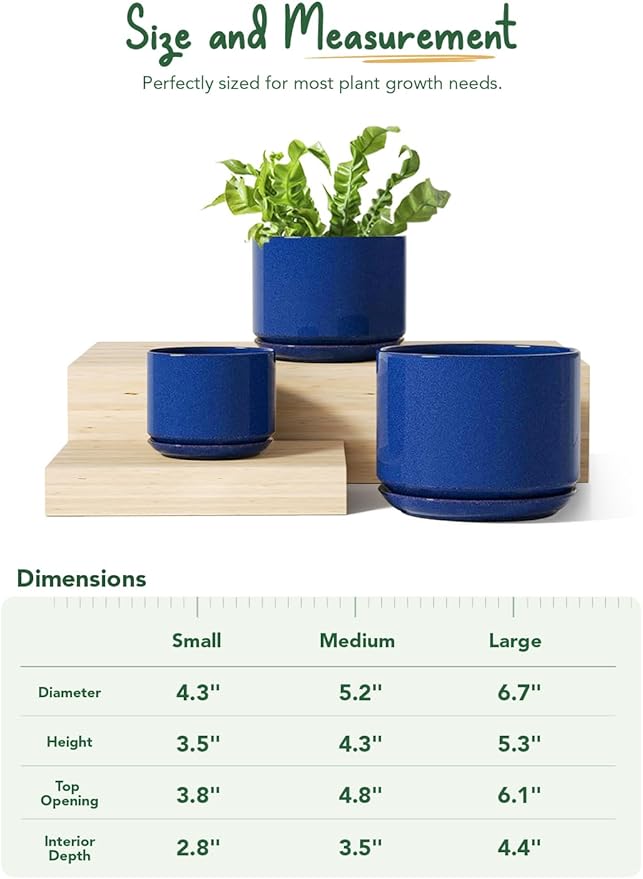 LE TAUCI Ceramic Plant Pots, 4.3+5.3+6.8 inch, Set of 3, Planters with Drainage Hole and Saucer, Indoor Flower Pot with Hole Mesh Pad, Gifts for Mom, Sapphire Blue LETAUCI