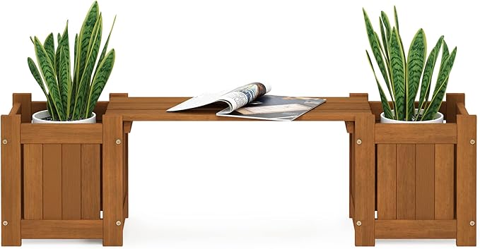 Furinno Tioman Hardwood Mini Outdoor Planter Box with Bench for Garden Plant Furinno-FitsYourSpaceFitsYourBudget