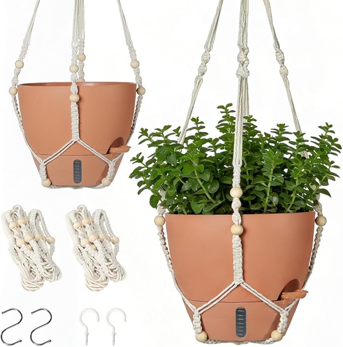 Self-Watering Hanging Planters for Indoor Plants Set 2-Piece Includes Plant Hanging Pot, Drainage-Hole Hanging Pot, and Hanging Basket Rack (Terracotta,10 Inches) Rootora