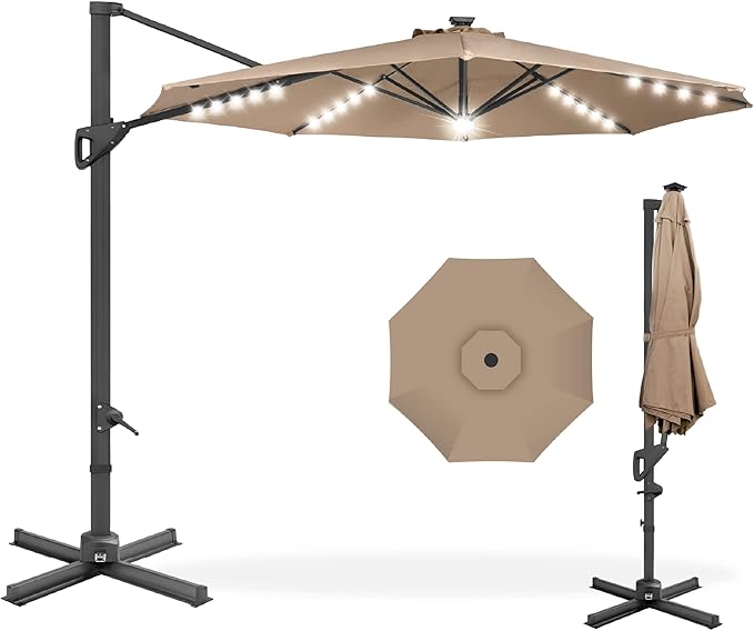 Best Choice Products 10ft Solar LED Cantilever Patio Umbrella, 360-Degree Rotation Hanging Offset Market Outdoor Sun Shade for Backyard, Deck, Poolside w/Lights, Easy Tilt, Cross Base BestChoiceProducts