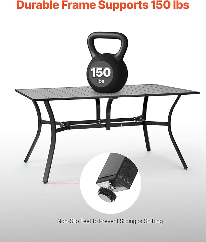 VEVOR Outdoor Patio Dining Table, 59 inch Long Rectangular Metal Steel Slat Backyard Bistro Tables for 4-6, with 1.5 in Umbrella Hole, All-Weather Large Furniture for Lawn Garden Porch, Black VEVOR