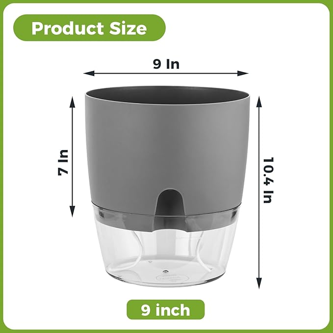 Planterhoma 5 Pack Self Watering Pots for Indoor Plants, 9 Inch Plant Pot Plastic Self Watering Planter for Orchid, Monstera, Lily, Large Clear Flower Pots with Drainage Holes and Wicking Rope, Gray Planterhoma