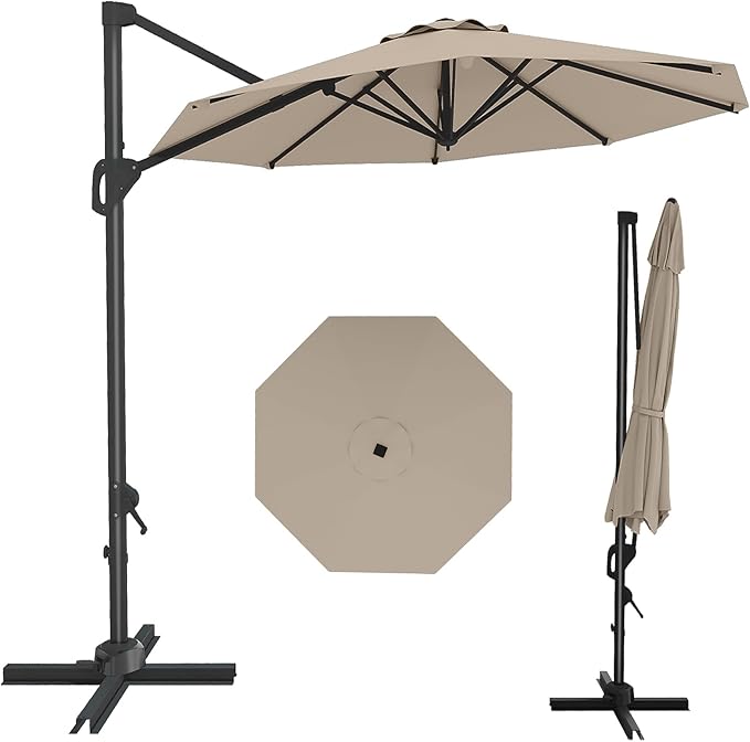 GarveeLife 10FT Patio Umbrella Outdoor Large Cantilever Umbrella Market Sun Shade Windproof Offset Umbrella with 360-Degree Rotation for Garden Deck Pool Patio, Tan GarveeLife