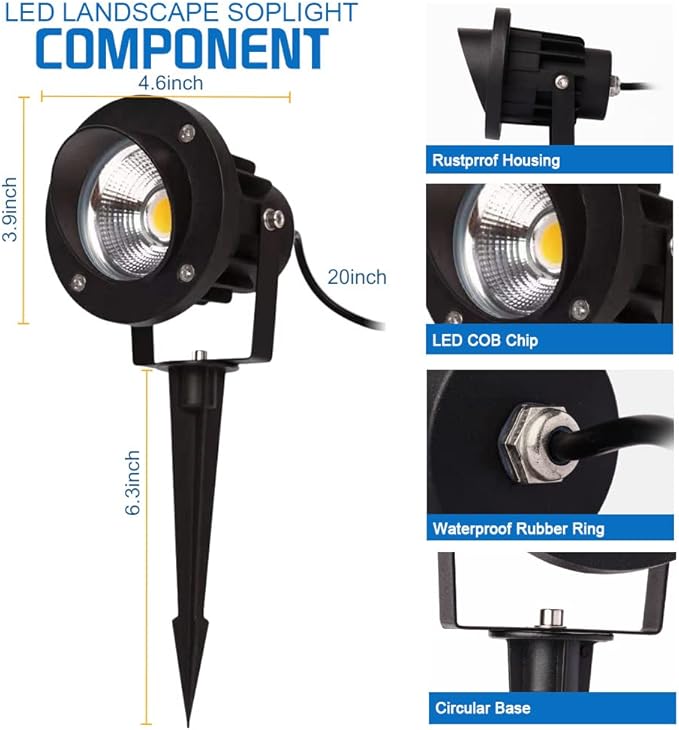 EAGLOD 20W Led Spotlights Outdoor Landscape Lights,Low Voltage Led Landscape Lighting, 12V ~24V AC/DC Waterproof Landscape Spotlights with Stake for Tree Flag Lights 3000K Ultra Warm White (4Pack) EAGLOD