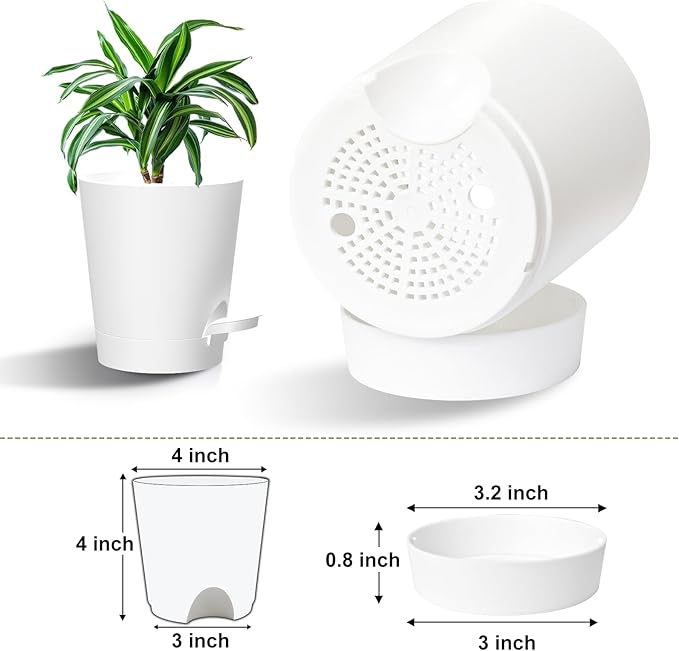 Self Watering Pots, 4 inch Flower Pots with Multi Mesh Drainage Holes, Small Platic Planters for Indoor Outdoor Garden Plants and Flowers (White, 4") Rootora