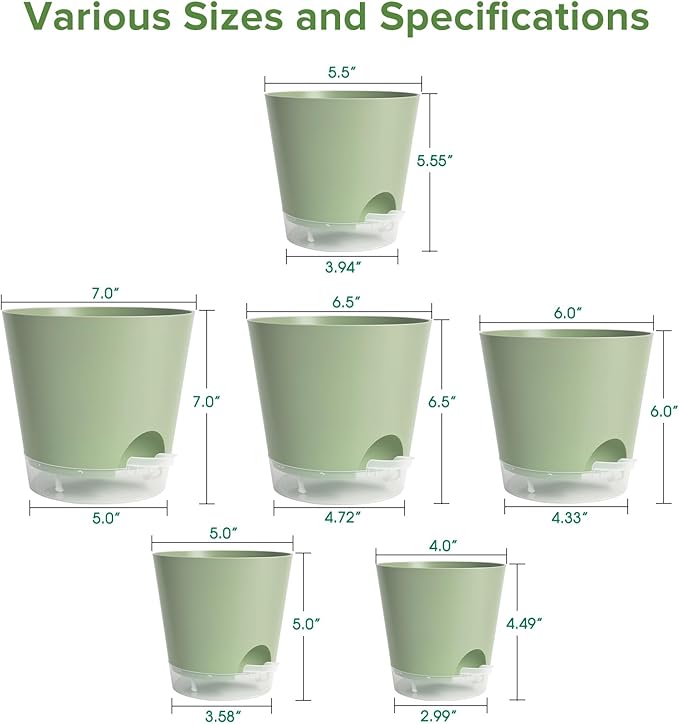 GARDIFE 2026 Upgraded Self Watering Plant Pots with Drainage Hole, 7/6.5/6/5.5/5/4 Inch Flower Planting Containers for House Plants, African Violet, Flowers, Cactus (Green, 7+6.5+6+5.5+5+4 inch) GARDIFE