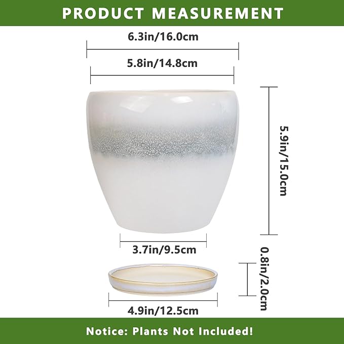 6.3 Inch Plant Pot - Ceramic Planters for Indoor Ourdoor Plants, Modern Succulent Pot, Round Planter with Drainage Hole and Saucer, Room Office Garden Home Decor, Plant Lover Gift, White-Grey EPFamily