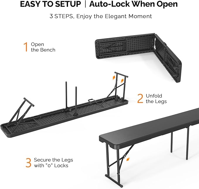 VINGLI 6 feet Plastic Folding Bench,Portable in/Outdoor Picnic Party Camping Dining Seat, Garden Soccer Multipurpose Entertaining Activities, Tree Patterned HDPE Tabletop, 2 Pack, Black VINGLI