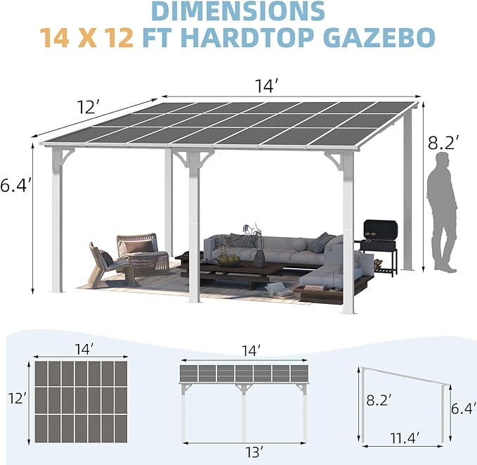 AECOJOY 14' x 12' Gazebo Outdoor Pergola for Patio, White 12x14 Large Wall-Mounted Hard Top Lean to Metal Gazebo Shelter Pergolas and Gazebos Clearance with Patio Roof, Heavy Duty Awnings for Backyard AECOJOY