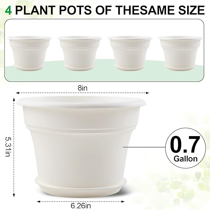 8 Inch Plastic-Flower Pot-for-Indoor Plants, 4 Pack Large Outdoor Planter Pot with Drainage Holes & Saucers, Resin Decorative Garden Pots Planters Pottiffe