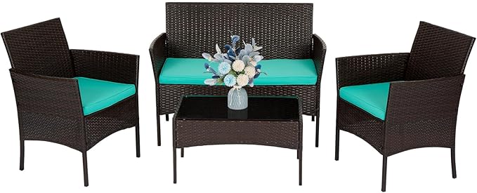 FDW | 4-Piece Patio Furniture Set | Brown & Blue | Outdoor Wicker Furniture with Coffee Table | Modern Rattan Chairs Conversation Set | Outdoor Seating | Weather-Resistant | for Porch, Garden, Lawn FDW