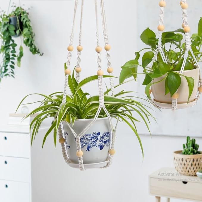 feedee Macrame Plant Hanger, Hanging Planters for Indoor Plants Holder with Wood Beads, Hanging Plant Holder for Indoor Outdoor, Gifts for Plant Lovers, Boho Home Decor Plant Hanger, Ivory Feedee