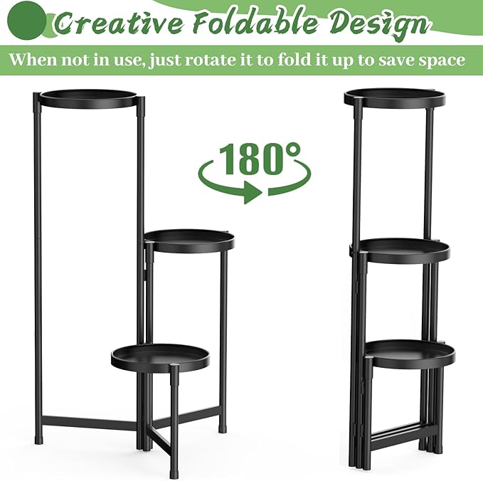 MOKANI Metal Plant Stand Indoor Outdoor for Multiple Plants, 3 Tiered Folding Corner Shelf Tall Flower Pot Holder Display Rack for Patio Living Room Balcony Garden, Black Mokani