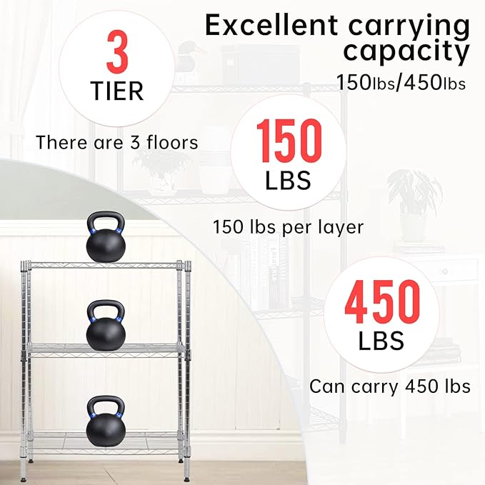 BestOffice 23Lx13.2Wx30.2H Adjustable Metal Storage Shelves 3-Tier Wire Shelving Unit Organizer Wire Rack 450Lbs Capacity for Small Places Kitchen Garage,Chrome BestOffice