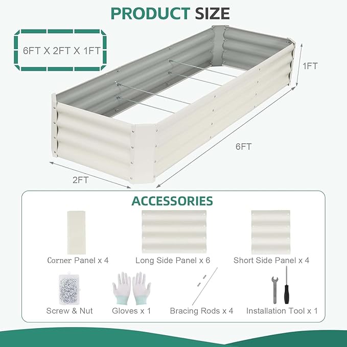 Galvanized Raised Garden Bed - 6x2x1ft (2Packs) Metal Garden Planter Box Outdoor | Steel Raised Bed Kit with Bracing Rods, Gloves for Gardening Vegetables Fruits and Flowers (White) BIRDSINYARD