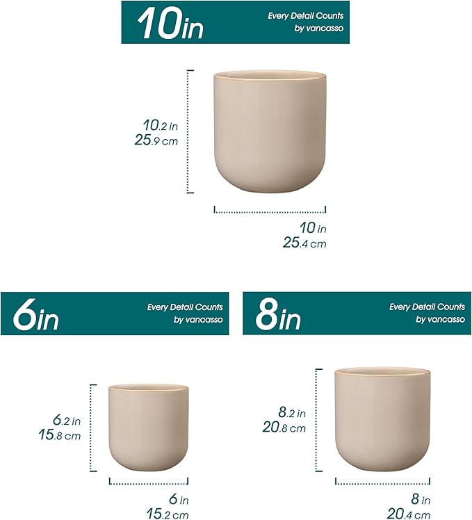 vancasso 6+8+10 inches Ceramic Plant Pots, Set of 3, Planters with Drainage Hole, Flower Pots Planters Pots for Indoor Plants, Modern Indoor Decorative Garden Pot, Home Decor, Gray vancasso