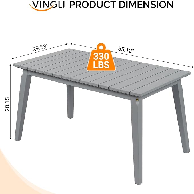 VINGLI Rectangular Outdoor Dining Table, Solid Cedar Wood Patio Table for 4-6 People, Waterproof Garden Table for Yard, Deck, Poolside (Gray) VINGLI