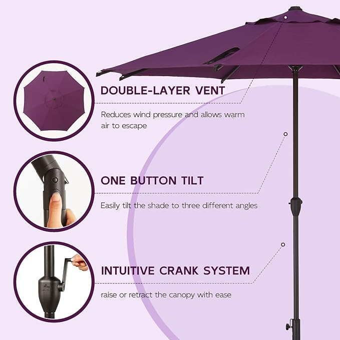 Abba Patio 9FT Lyon Outdoor Patio Umbrella Outdoor Table Umbrella with Crank Market Umbrella 8 Sturdy Ribs UV Protection Waterproof and Push Button Tilt for Garden Deck Backyard,Purple AbbaPatio