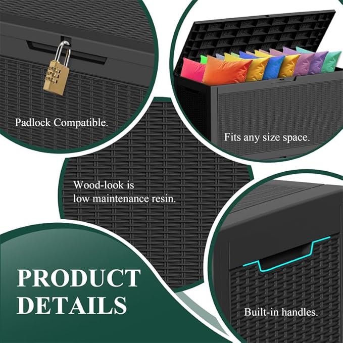 120 Gallon Resin Deck Box, Lockable Weatherproof Outdoor Storage Box for Furniture, Garden Tools and Tools Storage, Waterproof Outside Storage Boxes - Black OutdoorLivingPerfected