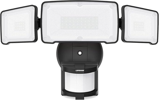 LEPOWER LED Motion Sensor Security Lights, 3 Head Motion Detected, 38W, 4200LM, Waterproof IP65, 5500K, Full Metal for Outdoor, Garage, Porch, Yard (Black) LEPOWER