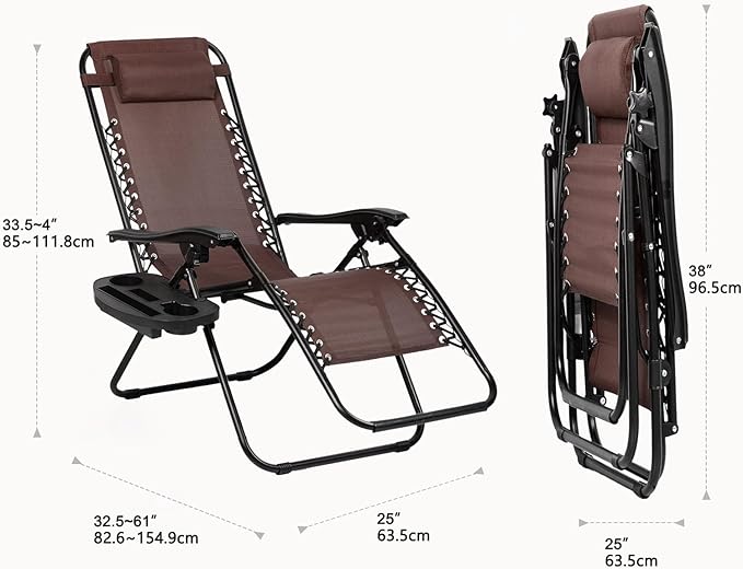Nazhura Set of 2 Relaxing Recliners Patio Chairs Adjustable Steel Mesh Zero Gravity Lounge Chair Beach Chairs with Pillow and Cup Holder Khaki (Brown) NazhuraGoodCompanionAtHome