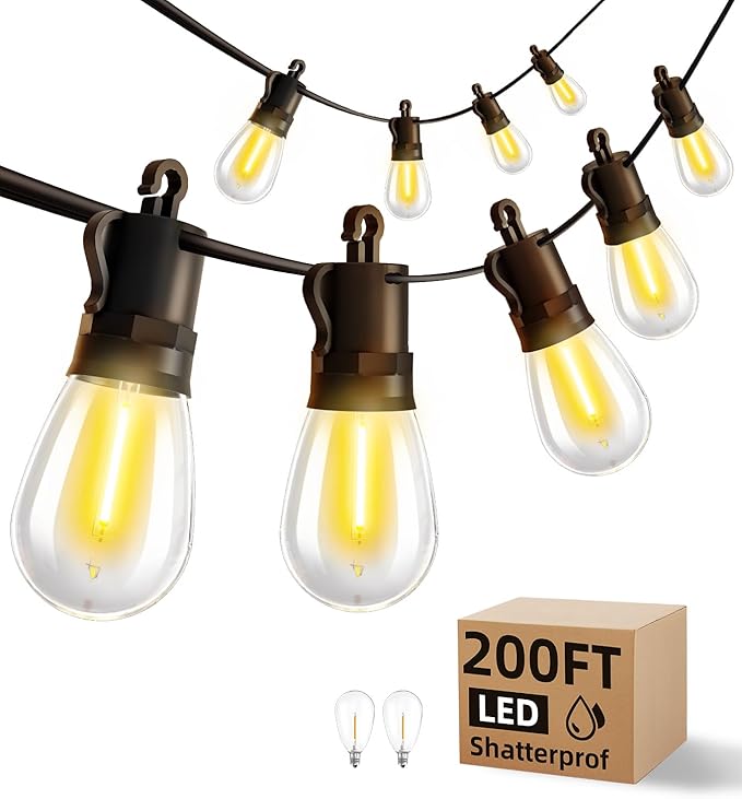 Outdoor String Lights Patio LED Light Outside - 60M IP65 Waterproof 58+2 S14 LED 200ft Porch Lighting Rootora
