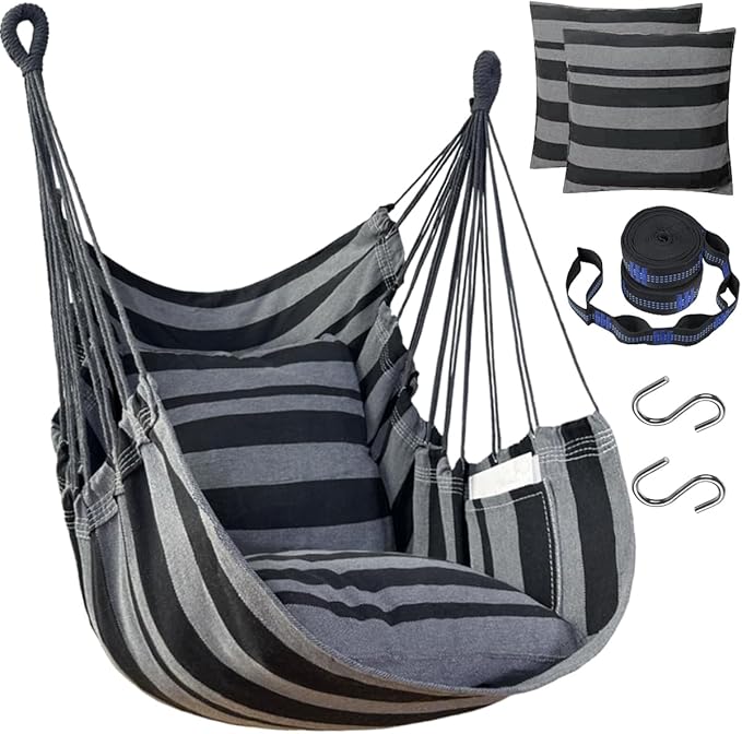 Halalona Hammock Chair Hanging Hammock Chair Rope Swing 2 Cushions Included-Sturdy & Durable Soft Cotton Hand Woven Hammock Swing for Bedroom, Porch, Patio-Indoor/Outdoor Halalona