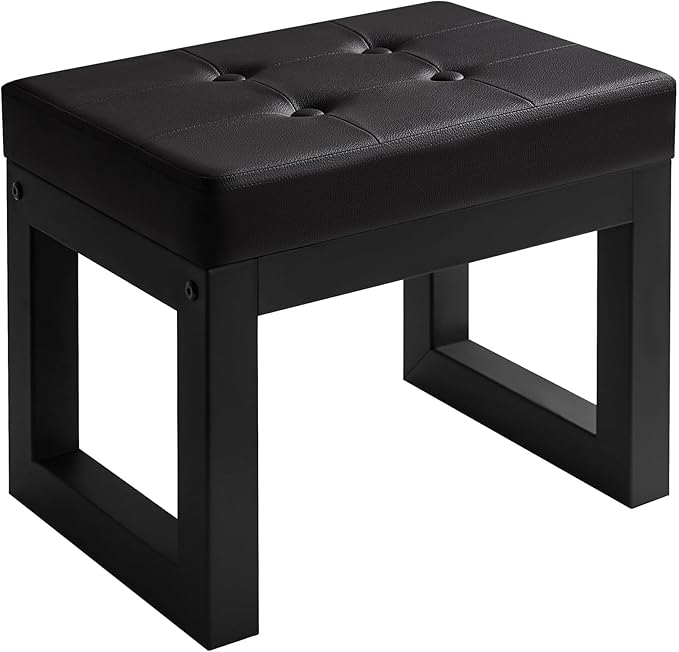 IBUYKE 16 Inch Small Foot Stool Ottoman, Rectangle PU Faux Leather Foot Rest with Padded Seat and Metal Legs, Modern Ottoman Foot Rest for Living Room Bedroom Entryway Couch, Black WBD026B IBUYKE