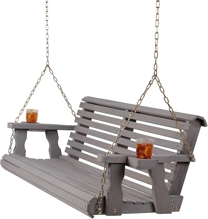 Amish Casual 4 Foot Roll Back Porch Swing with Cup Holders in Semi-Solid Grey Stain - Amish Made in The USA from Treated Pine Heavy Duty 700 Lb. Weight Capacity AmishCasual