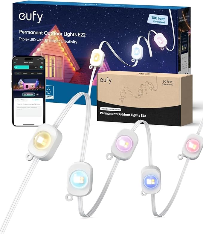eufy Permanent Outdoor Lights E22, 100ft+ 50ft kit (Total 150ft) with 90 Triple-LED Lights, Smart RGBWW, Up to IP67 Waterproof, AI Lighting Themes for Halloween, Christmas, Links with Cameras, White eufy
