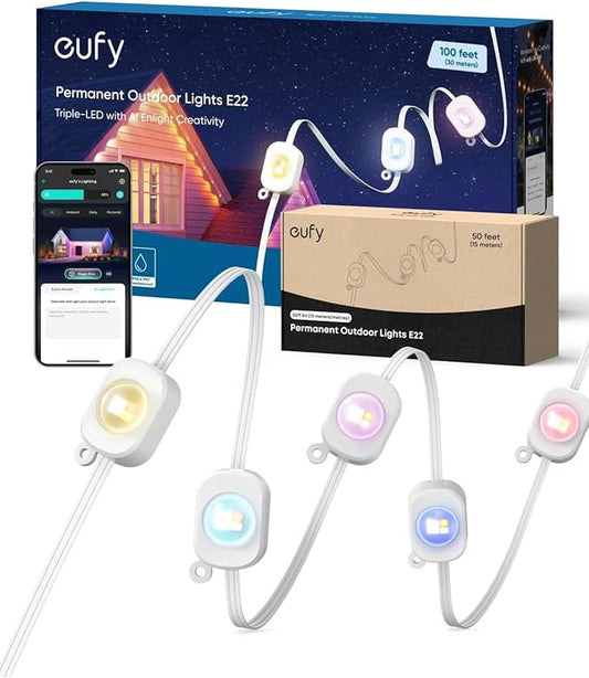 eufy Permanent Outdoor Lights E22, 100ft+ 50ft kit (Total 150ft) with 90 Triple-LED Lights, Smart RGBWW, Up to IP67 Waterproof, AI Lighting Themes for Halloween, Christmas, Links with Cameras, White eufy