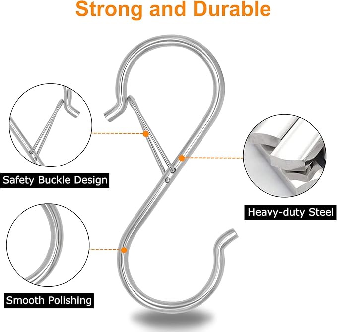 16 Pack S Shaped Hooks - 3.5 inch Heavy Duty Hooks with Safety Buckle for Hanging Plants, Clothes, Kitchen Utensils, Bags (Silver) Waitkey