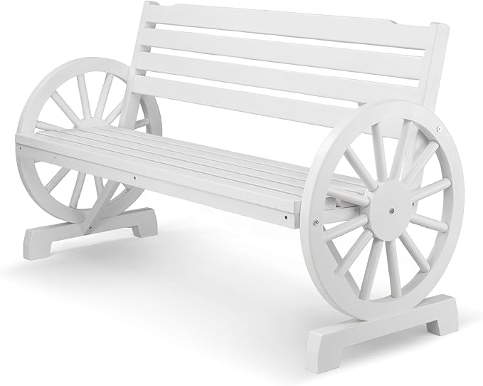 VINGLI Rustic Wooden Wheel Bench Outdoor Bench, Patio Bench Wagon Slatted Seat, Garden Benches for Outdoors 350lbs High Capacity, Weather Resistance (White, 55in) VINGLI