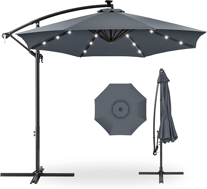 Best Choice Products 10ft Solar LED Offset Cantilever Hanging Market Patio Umbrella, 8 Sturdy Ribs, Easy Adjustment - Slate BestChoiceProducts