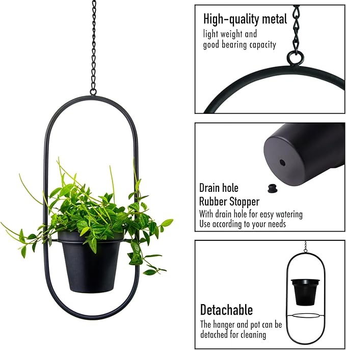 Metal Hanging Planters, Modern Plant Hanger with 5 inch Flower Pot, Set of 2 Black Plant Holder in Oval and Round Shape, Small Wall and Ceiling Planter for Indoor Plants, Home Décor HemePaha