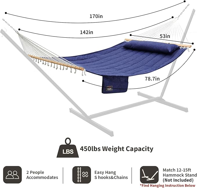 Double Quilted Fabric Hammock with Hardwood Spreader Bars and Pillow 450 LBS Capacity 2 Person Large Hammock for Outdoor Patio Backyard Poolside - Dark Blue CHULIM