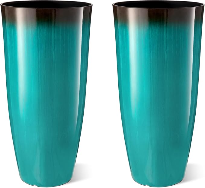 Glitzhome 30" H Tall Outdoor Planter, Set of 2 Large Tall Planters with Gradient Turquoise Faux Ceramic Finish, Plastic Large Flower Pots for Porch Garden Indoor All Season Decor,with Drainage Holes Glitzhome