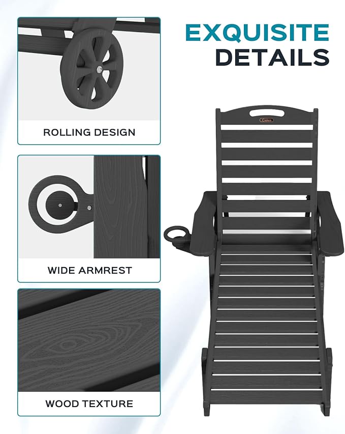 Outdoor Lounge Chair Set of 4, All Weather Patio Chaise Lounge Chair for Outside, HDPE Chair with Rolling Wheels & Cup Holder, 5 Position, Deck, Pool, Black CIOKEA