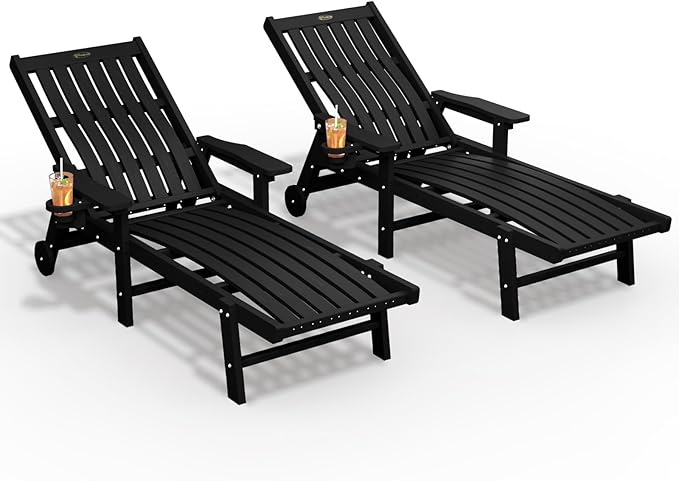 Patio Chaise Lounge Chair Set of 2, Oversized Lounge Chair Outdoor with 5 Positions, HDPE, Patio Lounge Chair with Wheels & Cup Holder for Pool, Deck, Poolside,Black THOEOE