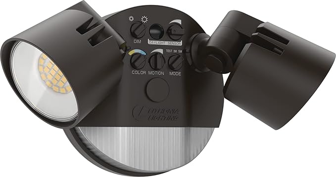 Lithonia Lighting HomeGuard 2-Light LED Outdoor Flood Lights, Motion Sensor Outdoor Lights with Dusk to Dawn, Adjustable Lumens and Color, Round Heads, Dark Bronze (HGX LED 2RH ALO SWW2 120 PIR DDB) AcuityBrands