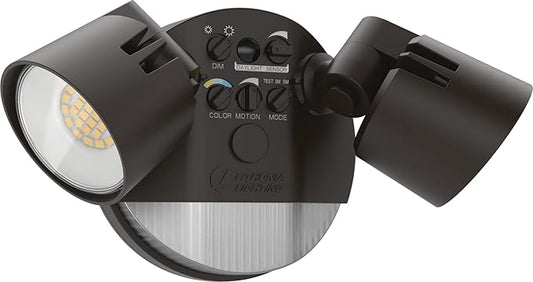 Lithonia Lighting HomeGuard 2-Light LED Outdoor Flood Lights, Motion Sensor Outdoor Lights with Dusk to Dawn, Adjustable Lumens and Color, Round Heads, Dark Bronze (HGX LED 2RH ALO SWW2 120 PIR DDB) AcuityBrands