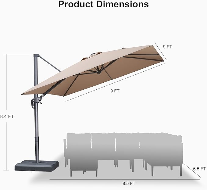 PURPLE LEAF Patio Umbrella 9' X 9' Rectangle Cantilever Umbrella Large Aluminum Outdoor Umbrellas with 360-degree Rotation & UPF40+ Premium Fabric for Deck Pool Garden Yard, Sand Dune Rootora