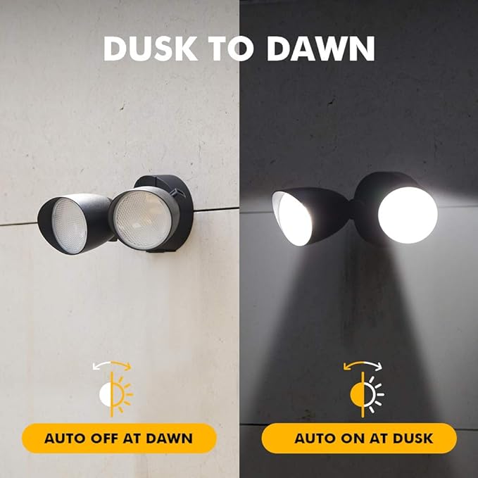 LUTEC 6222B-D2D 3500 Lumen 32 Watt Dusk to Dawn Dual-Head Flood Light Outdoor Waterproof Exterior Security Floodlight Light, Full Metal Design for Patio, Garden, Yard-Black LUTEC