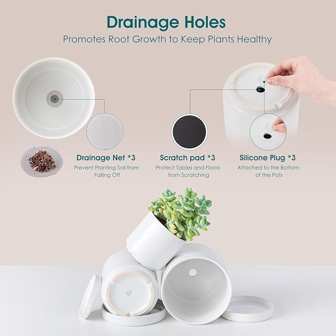 vancasso Ceramic Plant Pots, 3 Piece Planters for Indoor Plants, 4.25+5.25+6.25 Inch Flower Pots with Drainage, Plant Pots Indoor for Succulent, Pothos, Snake Plant and Money Tree, Etc (White) vancasso