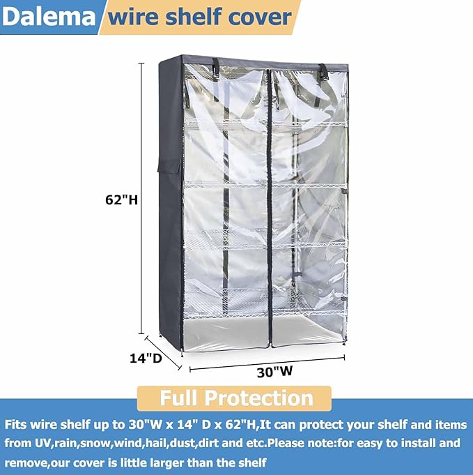 Waterproof Shelf Cover,600D Heavy Duty Dustproof Storage Wire Rack Covers,Outdoor Shelving Covers for Wire Shelves with Zipper 30''x14''x62'',Clear Front. Dalema