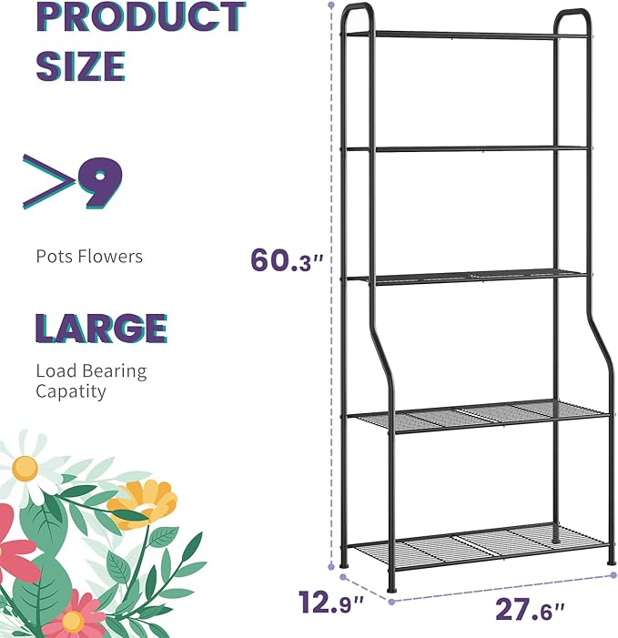 5-Tier Corner Plant Stand, Metal Black Flower Pot Rack, Indoor Outdoor Heavy Duty Shelf (Black, 5 Tier) Rootora