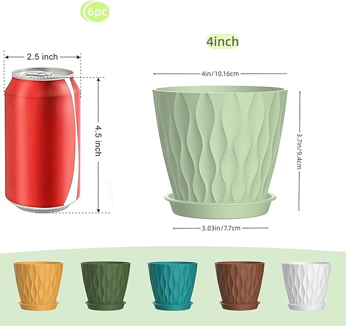 4 Inch Plant Pots, 6 Pack Indoor Flower Pots, Planters with Drainage Holes and Trays for Orchids, Violets, Succulents, Herbs, and Other Plants,Corolful SQKH