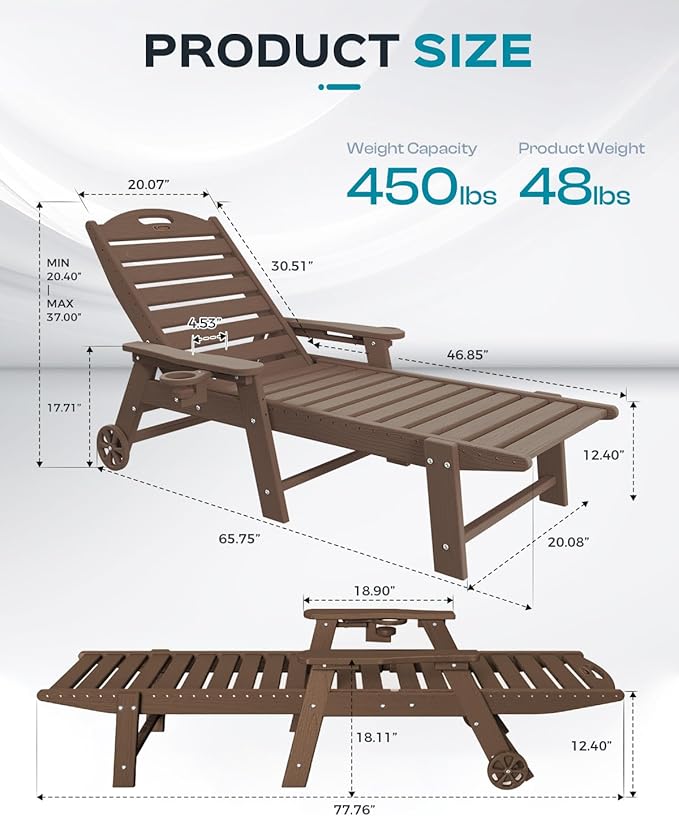 Ciokea Outdoor Lounge Chair Set of 4, All Weather Patio Chaise Lounge Chair for Outside, HDPE Chair with Rolling Wheels & Cup Holder, 5 Position, Deck, Pool, Dark Brown CIOKEA