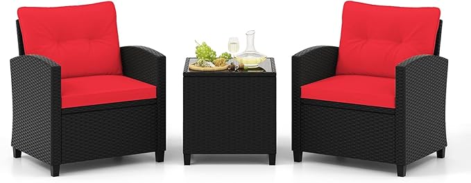 Tangkula 3 Pieces Patio Furniture Set, Rattan Conversation Set w/Soft Seat & Back Cushions, Tempered Glass Topped Coffee Table, Cushioned Wicker Seating for Backyard, Porch, Poolside (Red) TANGKULA