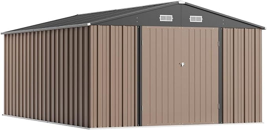 Greesum 10×14 FT Outdoor Storage Shed, Metal Storaged Sheds Without Floor, Tool Sheds with Lockable Doors and Sloping Roof for Garden, Patio, Brown BuynowfromGreesum